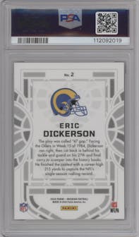 Eric Dickerson from the 2024 Panini Obsidian set graded by PSA and given an overall grade of 10.