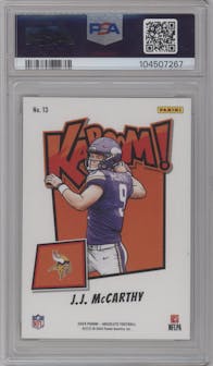 J.J. McCarthy from the 2024 Panini Absolute set graded by PSA and given an overall grade of 10.