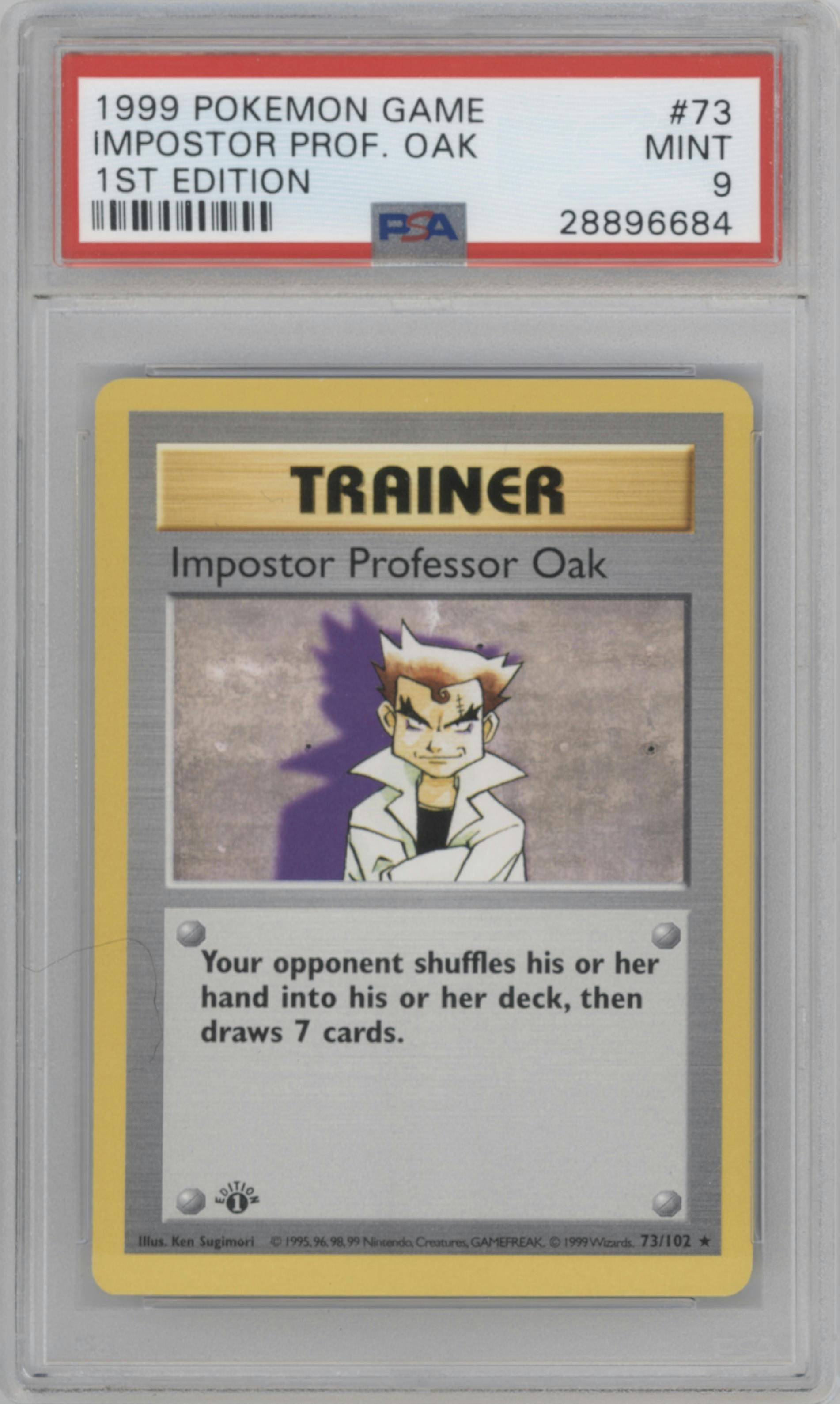 Impostor Professor Oak from the 1999 Pokemon set graded by PSA and given an overall grade of 9.
