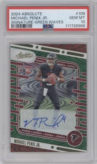 Michael Penix Jr. from the 2024 Panini Absolute set featuring a Green Waves parallel graded by PSA and given an overall grade of 10.