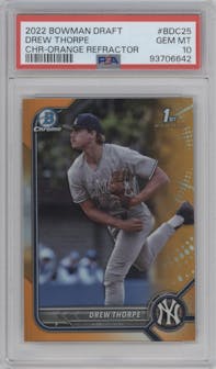 Drew Thorpe from the 2022 Bowman Draft set featuring a Orange Refractor parallel graded by PSA and given an overall grade of 10.