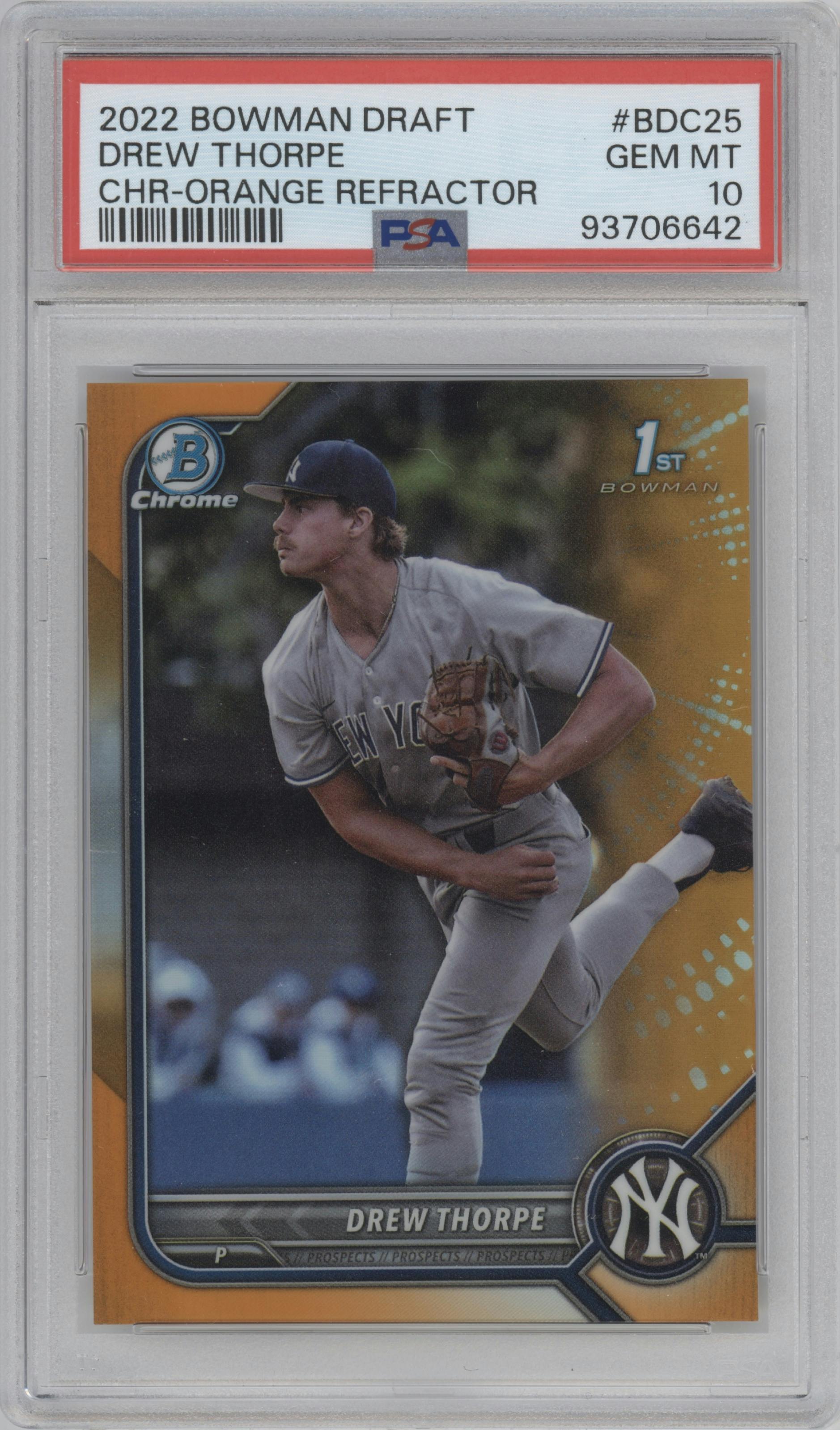 Drew Thorpe from the 2022 Bowman Draft set featuring a Orange Refractor parallel graded by PSA and given an overall grade of 10.