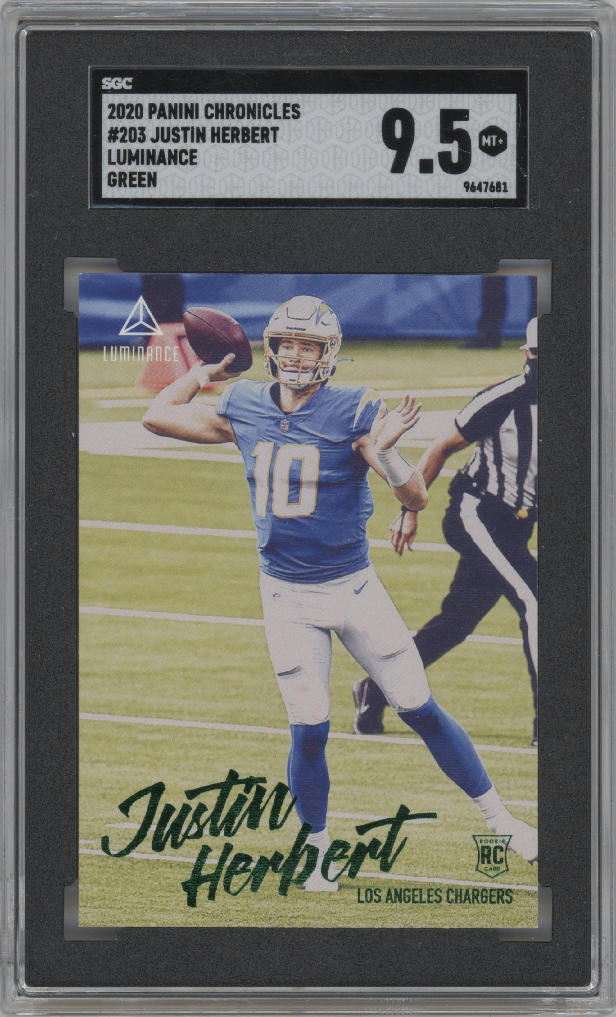 Justin Herbert from the 2020 Panini Chronicles set featuring a Green parallel graded by SGC and given an overall grade of 9.5.