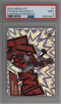 Patrick Mahomes II from the 2023 Panini Absolute set graded by PSA and given an overall grade of 9.