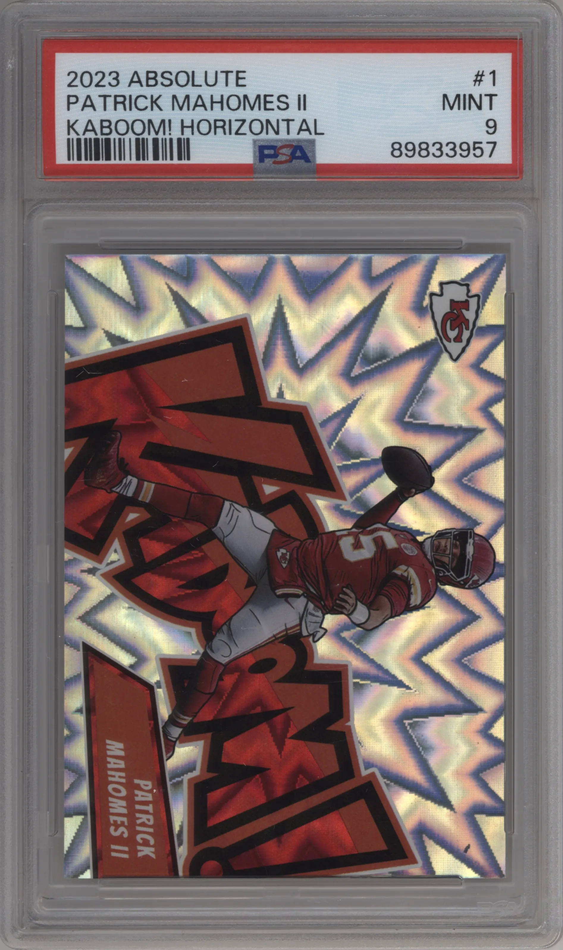 Patrick Mahomes II from the 2023 Panini Absolute set graded by PSA and given an overall grade of 9.