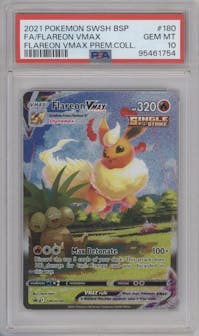 Flareon VMAX from the 2021 Pokemon SWSH set featuring a Flareon VMAX Premium Collection parallel graded by PSA and given an overall grade of 10.