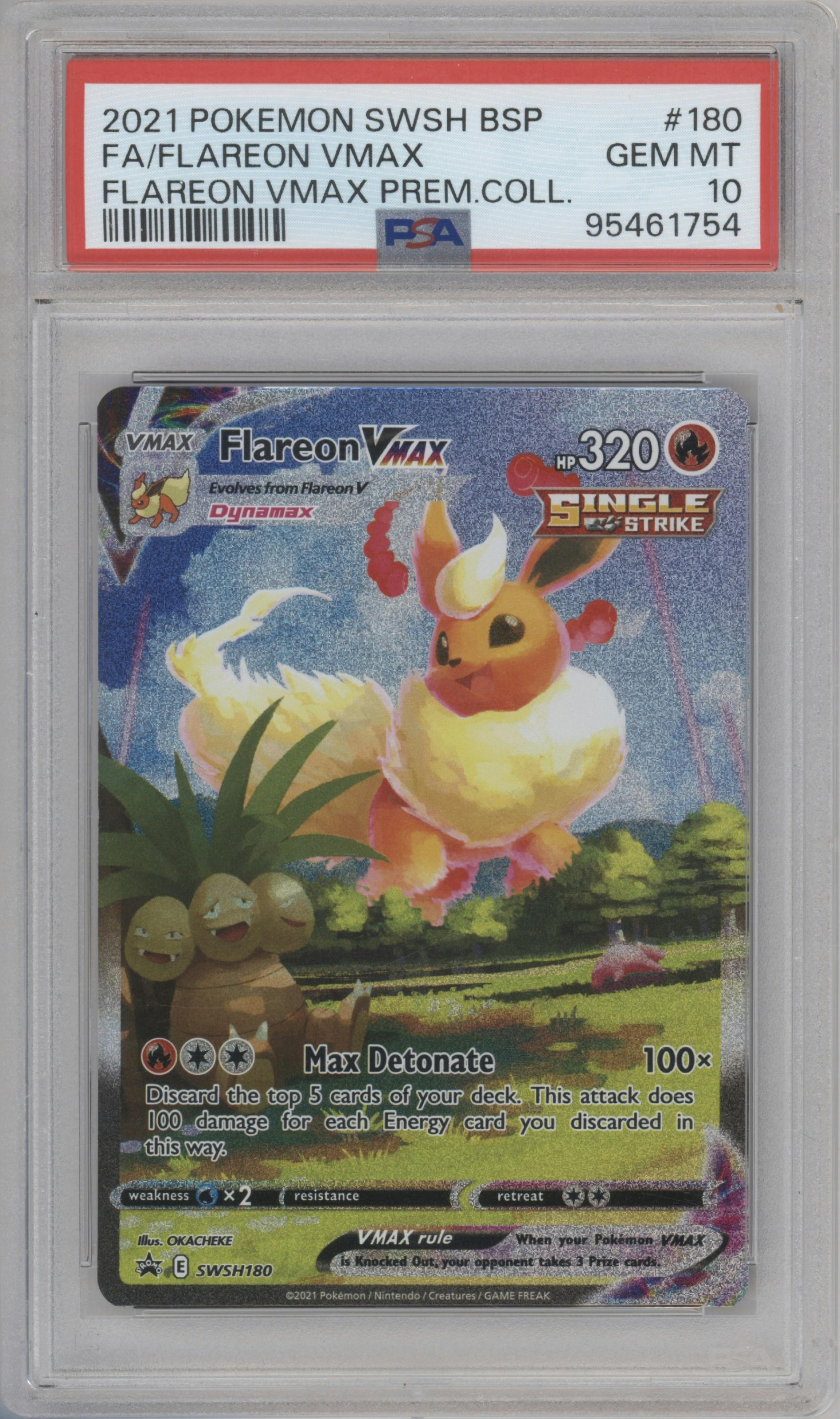 Flareon VMAX from the 2021 Pokemon SWSH set featuring a Flareon VMAX Premium Collection parallel graded by PSA and given an overall grade of 10.