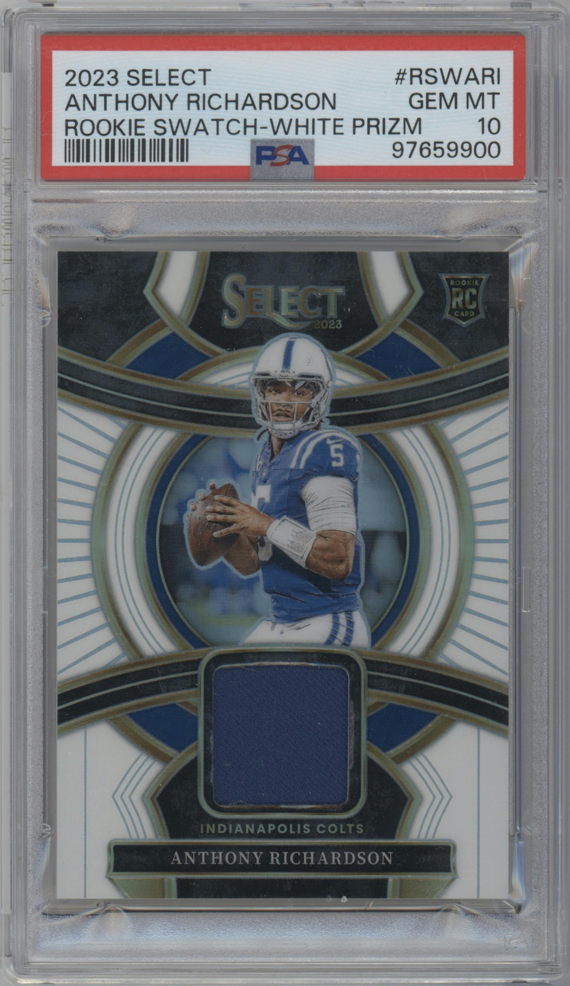 Anthony Richardson from the 2023 Panini Select set featuring a White Prizm parallel graded by PSA and given an overall grade of 10.