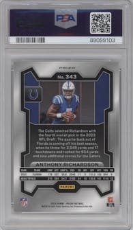 Anthony Richardson from the 2023 Panini Prizm set featuring a Silver Prizm parallel graded by PSA and given an overall grade of 10.