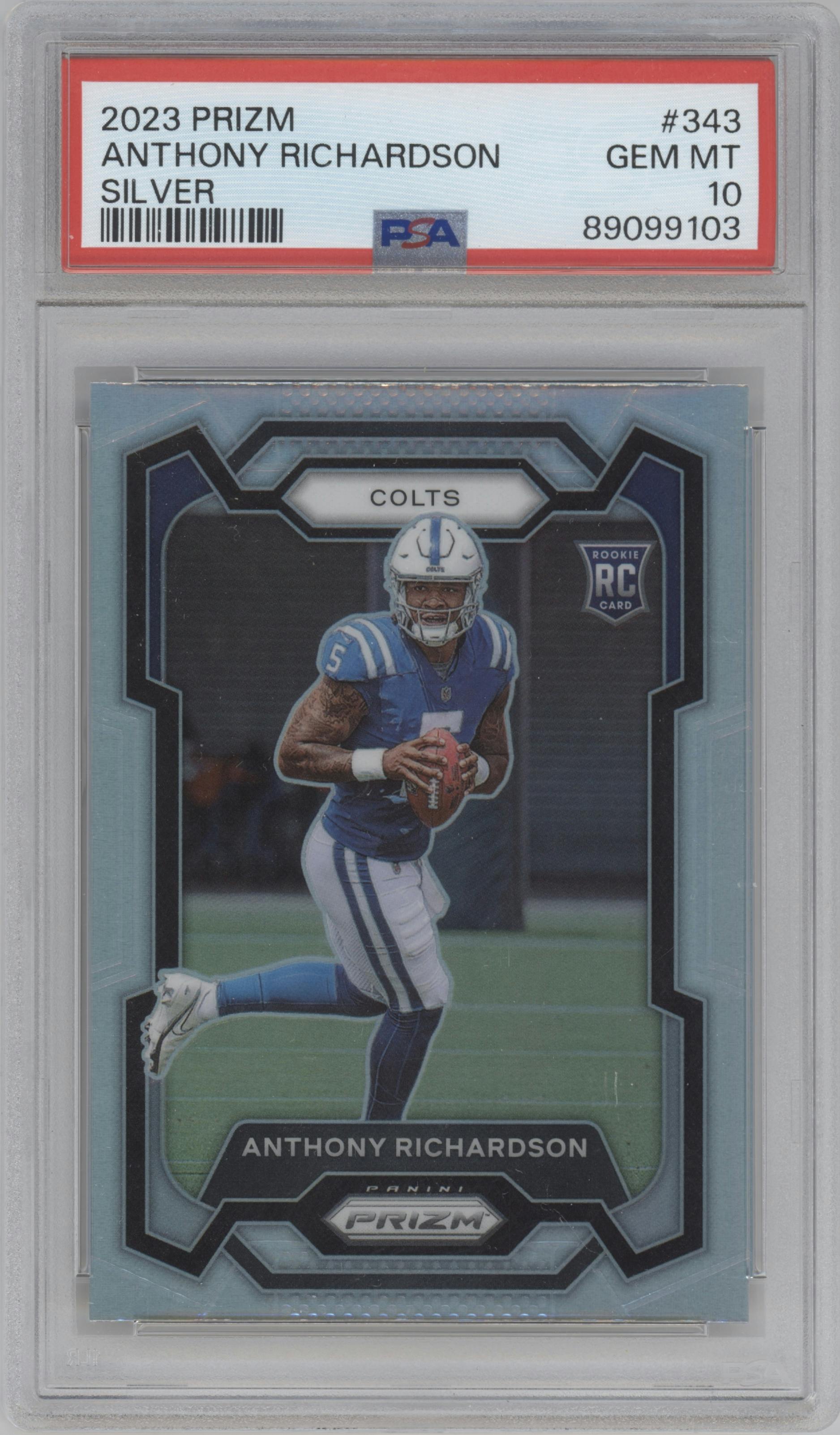Anthony Richardson from the 2023 Panini Prizm set featuring a Silver Prizm parallel graded by PSA and given an overall grade of 10.