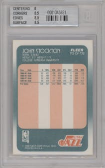 John Stockton from the 1988-89 Fleer set graded by Beckett and given an overall grade of 8.5.