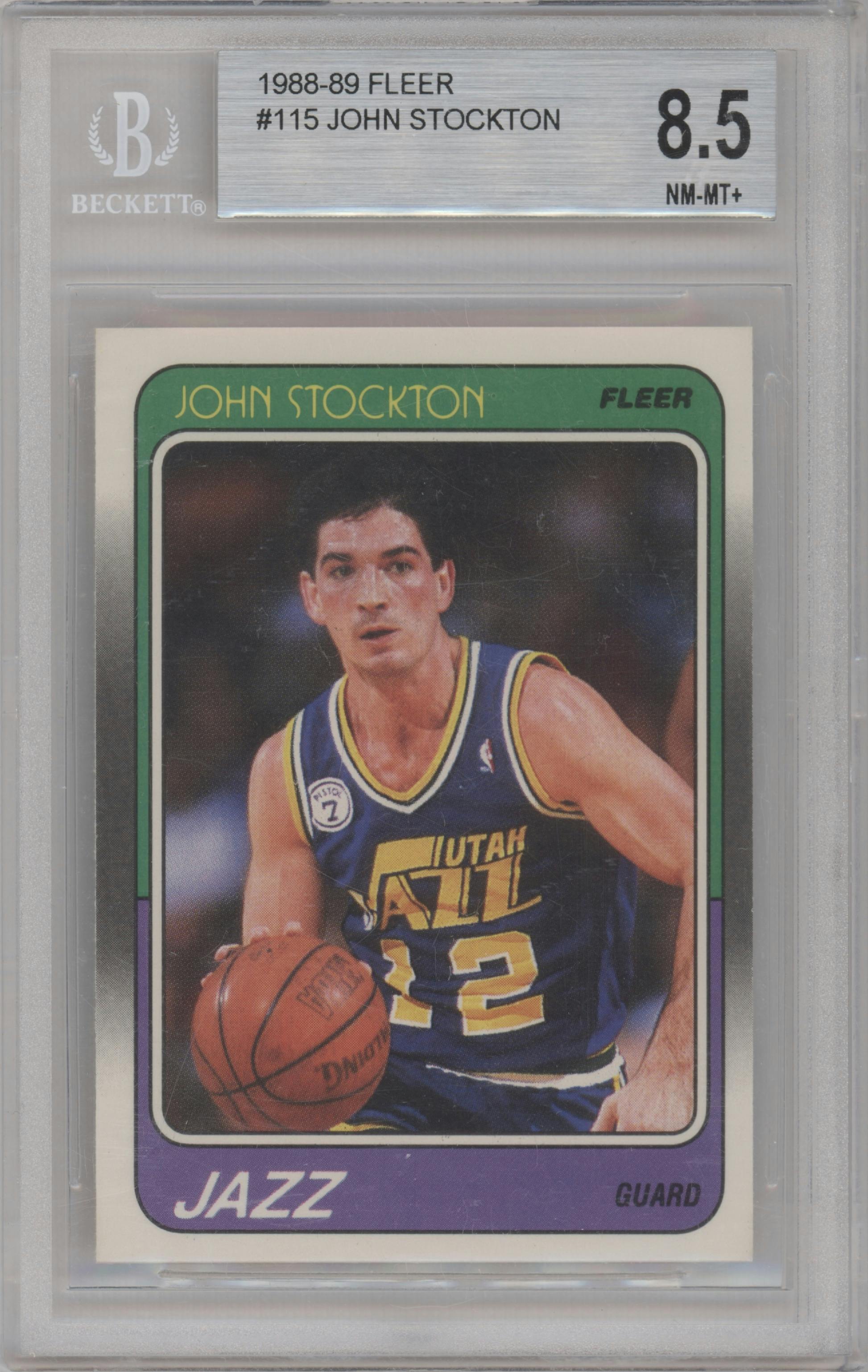 John Stockton from the 1988-89 Fleer set graded by Beckett and given an overall grade of 8.5.