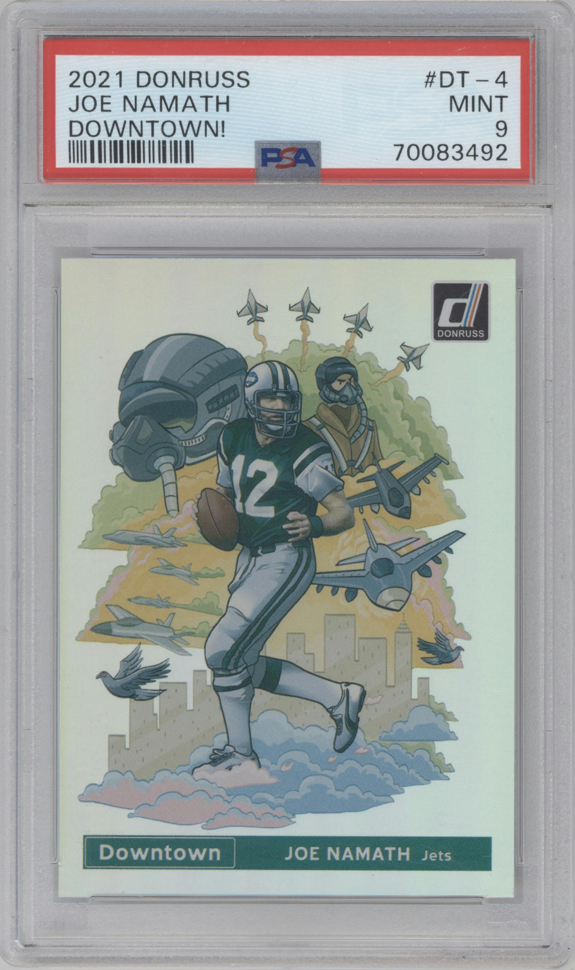 Joe Namath from the 2021 Panini Donruss set graded by PSA and given an overall grade of 9.