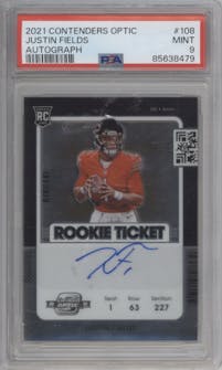 Justin Fields from the 2021 Panini Contenders Optic set graded by PSA and given an overall grade of 9.