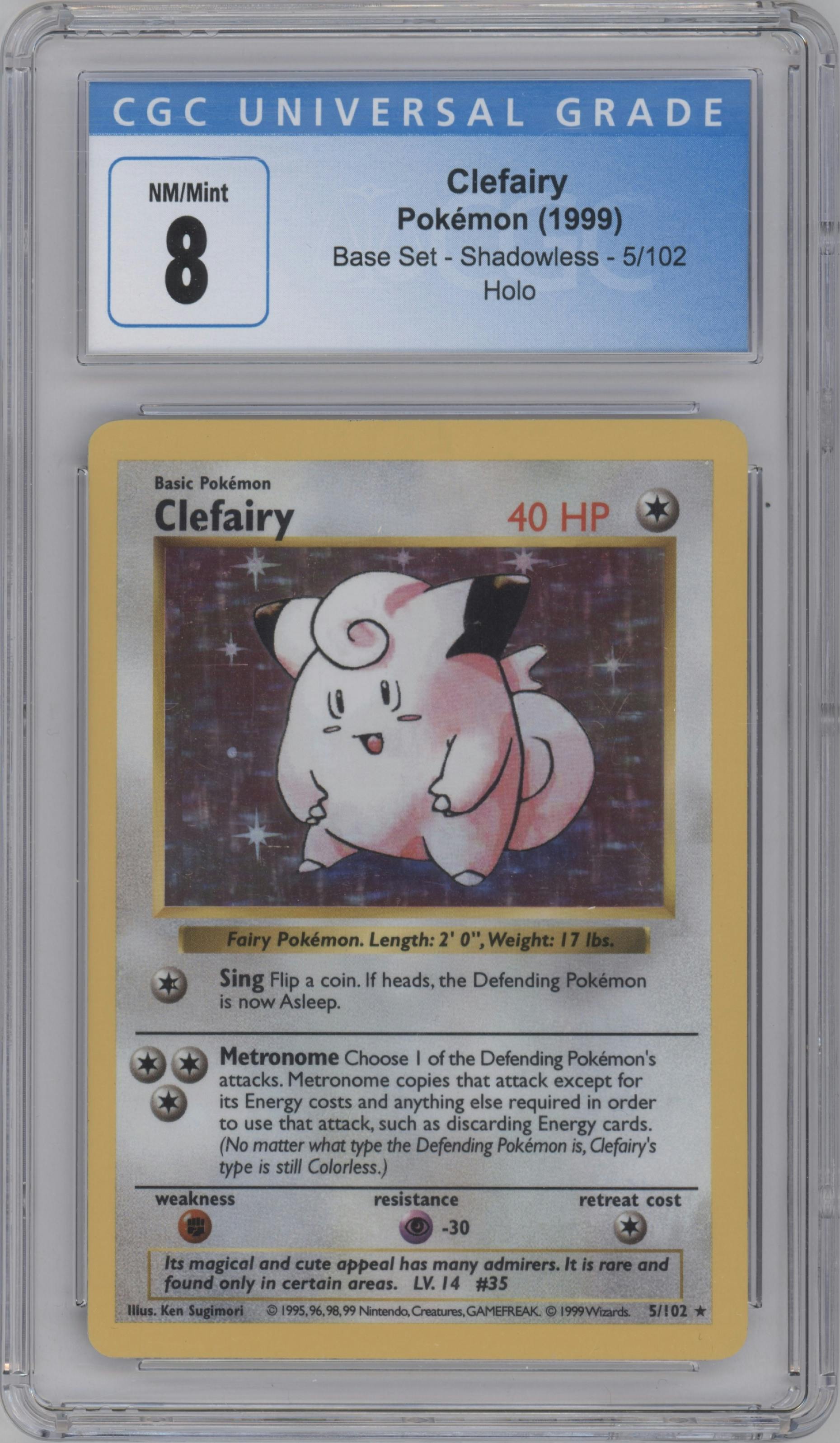 Clefairy from the 1999 Pokemon set graded by CSG and given an overall grade of 8.