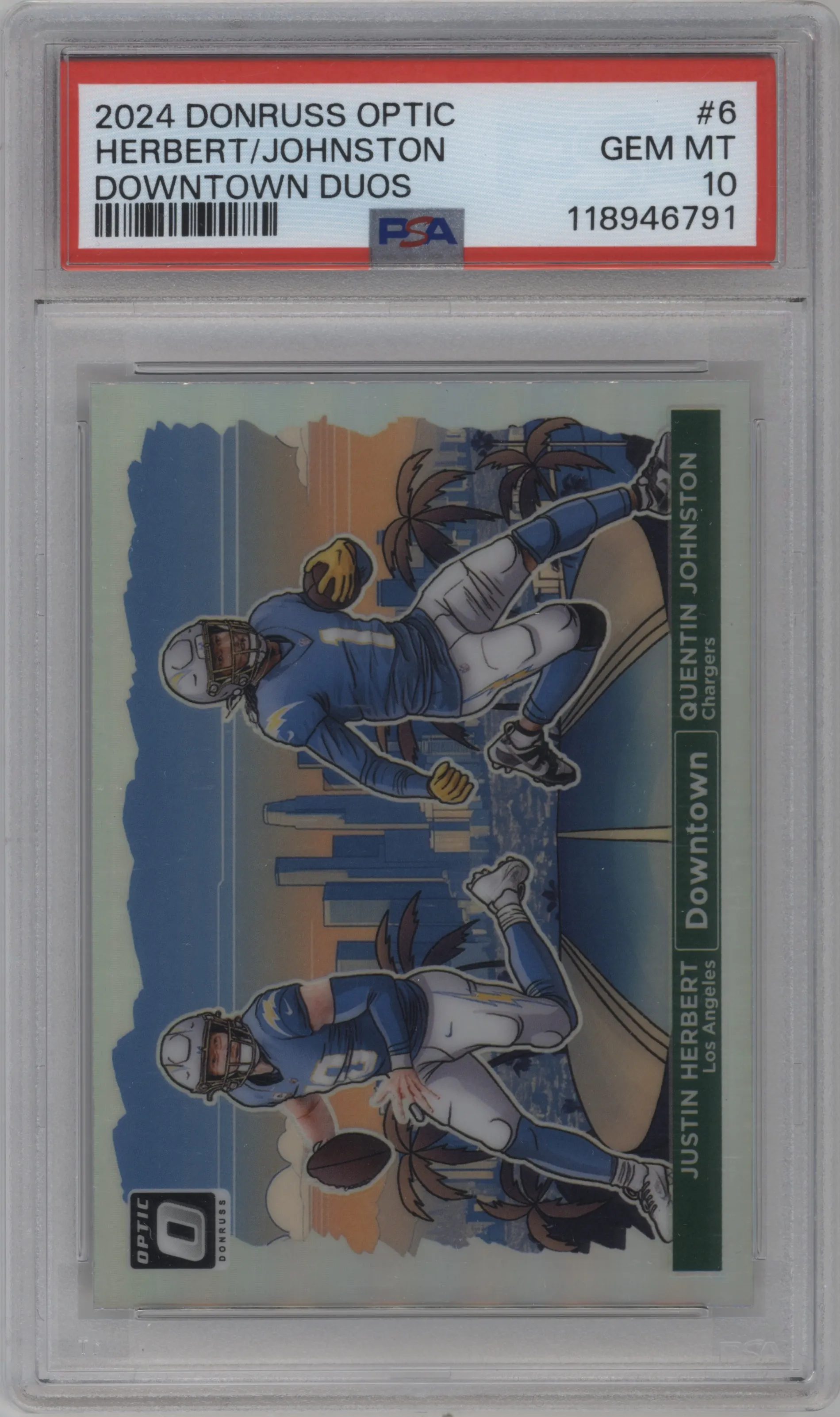 Justin Herbert/Quentin Johnston from the 2024 Donruss Optic set graded by PSA and given an overall grade of 10.