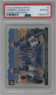 Justin Herbert/Quentin Johnston from the 2024 Donruss Optic set graded by PSA and given an overall grade of 10.