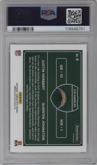 Justin Herbert/Quentin Johnston from the 2024 Donruss Optic set graded by PSA and given an overall grade of 10.