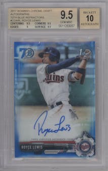 Royce Lewis from the 2017 Bowman Draft set featuring a Blue Bowman 70th Logo Refractor parallel graded by Beckett and given an overall grade of 9.5.