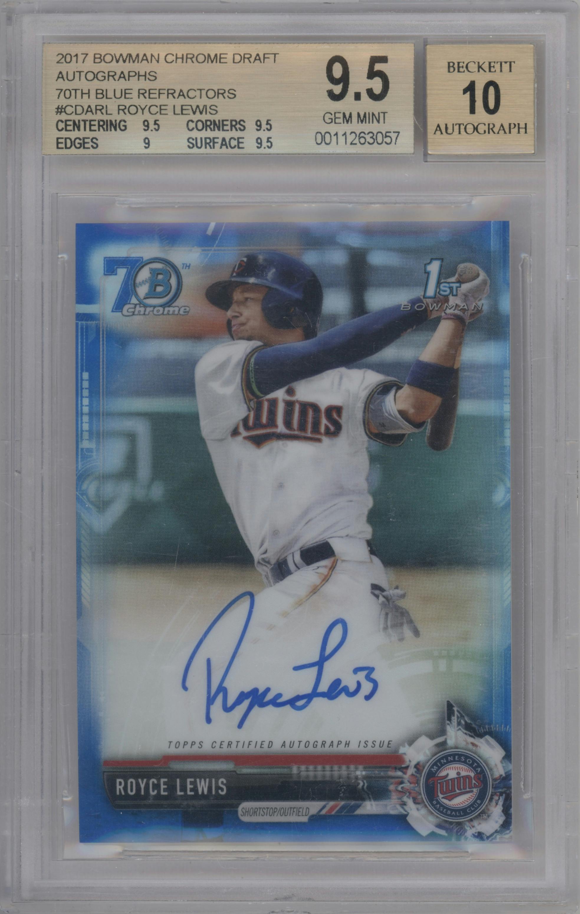 Royce Lewis from the 2017 Bowman Draft set featuring a Blue Bowman 70th Logo Refractor parallel graded by Beckett and given an overall grade of 9.5.
