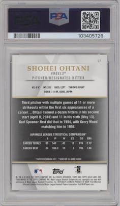 Shohei Ohtani from the 2018 Topps Gold Label set graded by PSA and given an overall grade of 9.
