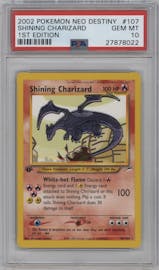 Shining Charizard from the 2002 Pokemon Neo Genesis set graded by PSA and given an overall grade of 10.