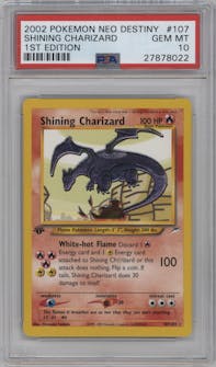 Shining Charizard from the 2002 Pokemon Neo Genesis set graded by PSA and given an overall grade of 10.