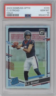 C.J. Stroud from the 2023 Donruss Optic set featuring a Holo parallel graded by PSA and given an overall grade of 10.