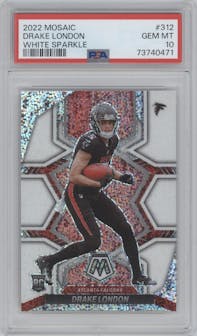 Drake London from the 2022 Panini Mosaic set featuring a White Sparkle parallel graded by PSA and given an overall grade of 10.