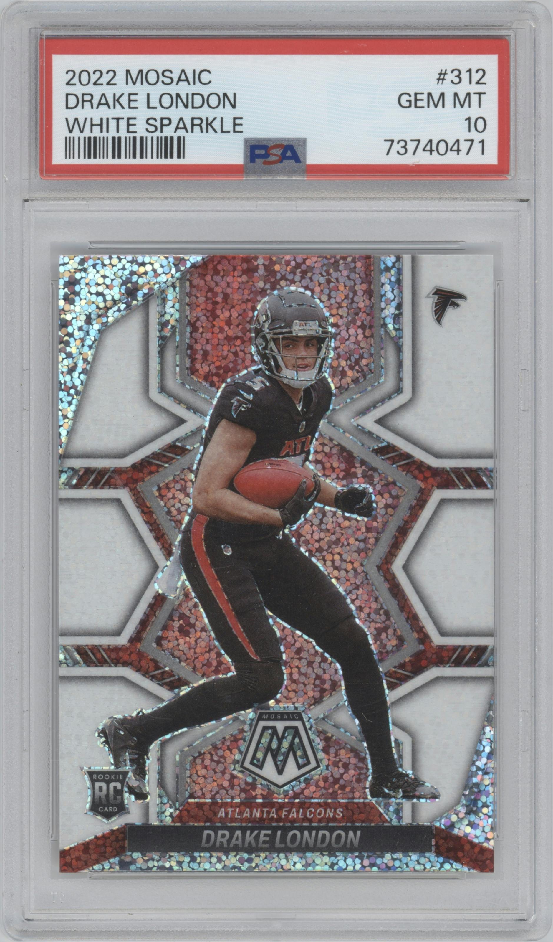 Drake London from the 2022 Panini Mosaic set featuring a White Sparkle parallel graded by PSA and given an overall grade of 10.