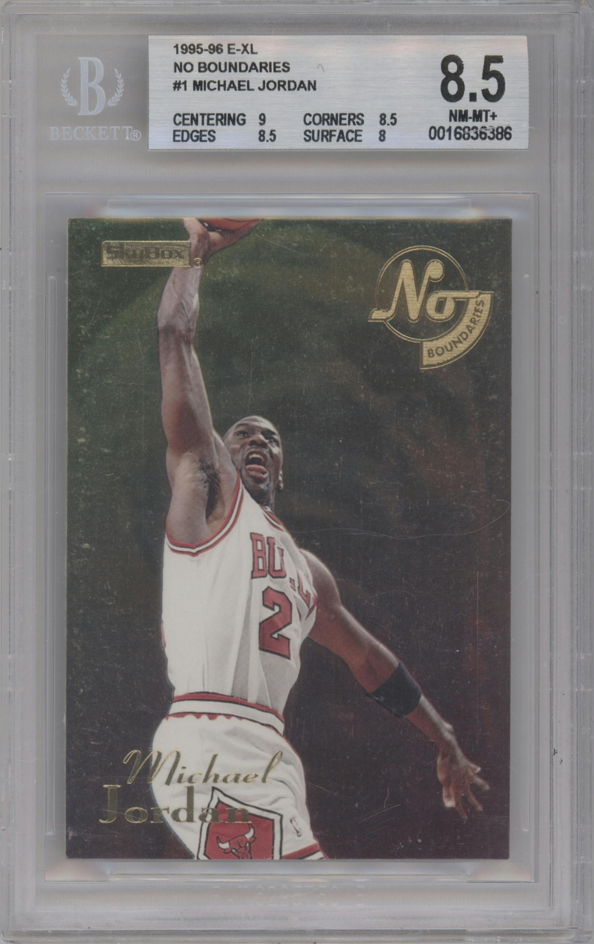Michael Jordan from the 1995-96 Skybox E-XL set graded by Beckett and given an overall grade of 8.5.