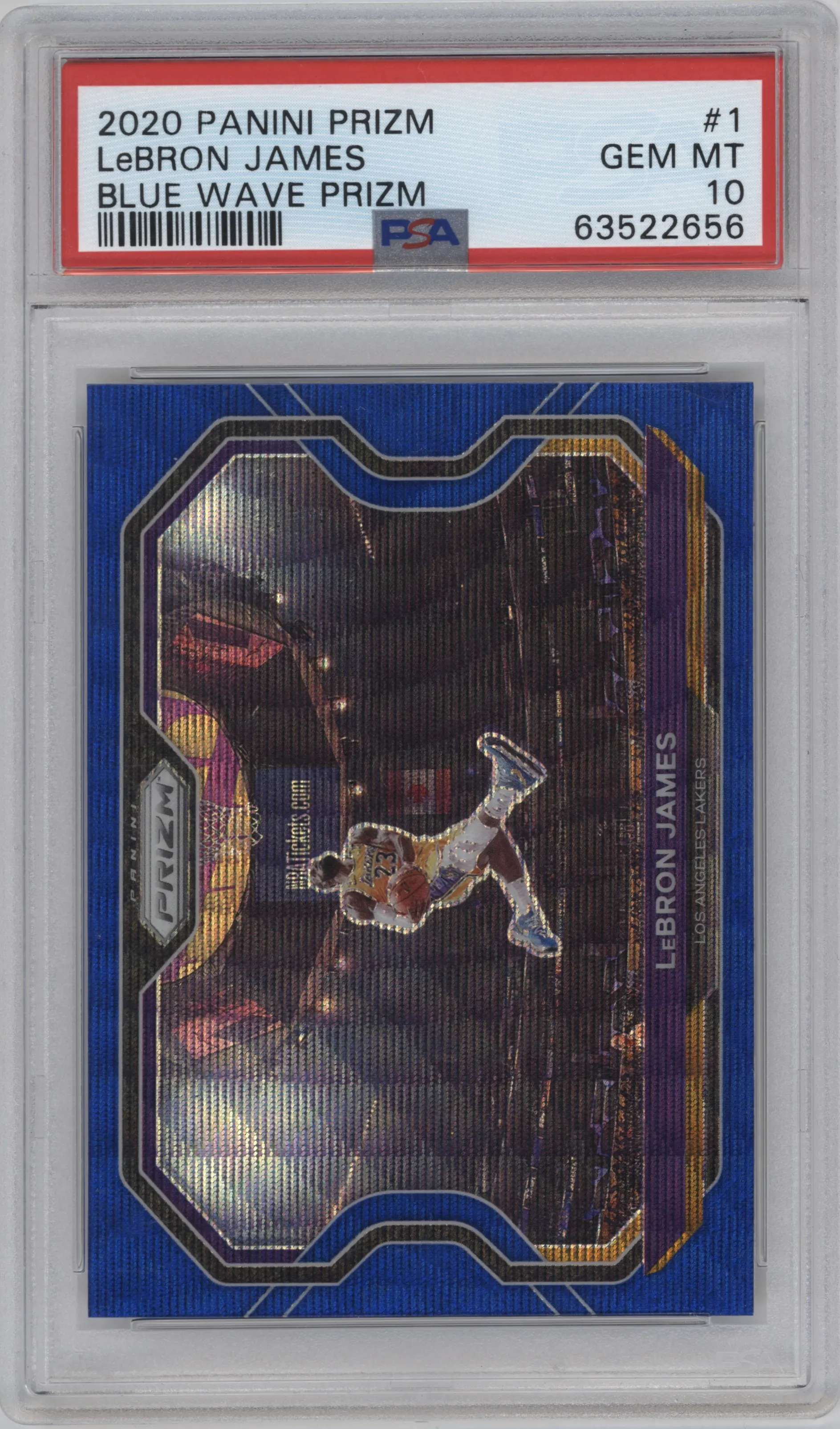 LeBron James from the 2020-21 Panini Prizm set featuring a Blue Wave parallel graded by PSA and given an overall grade of 10.