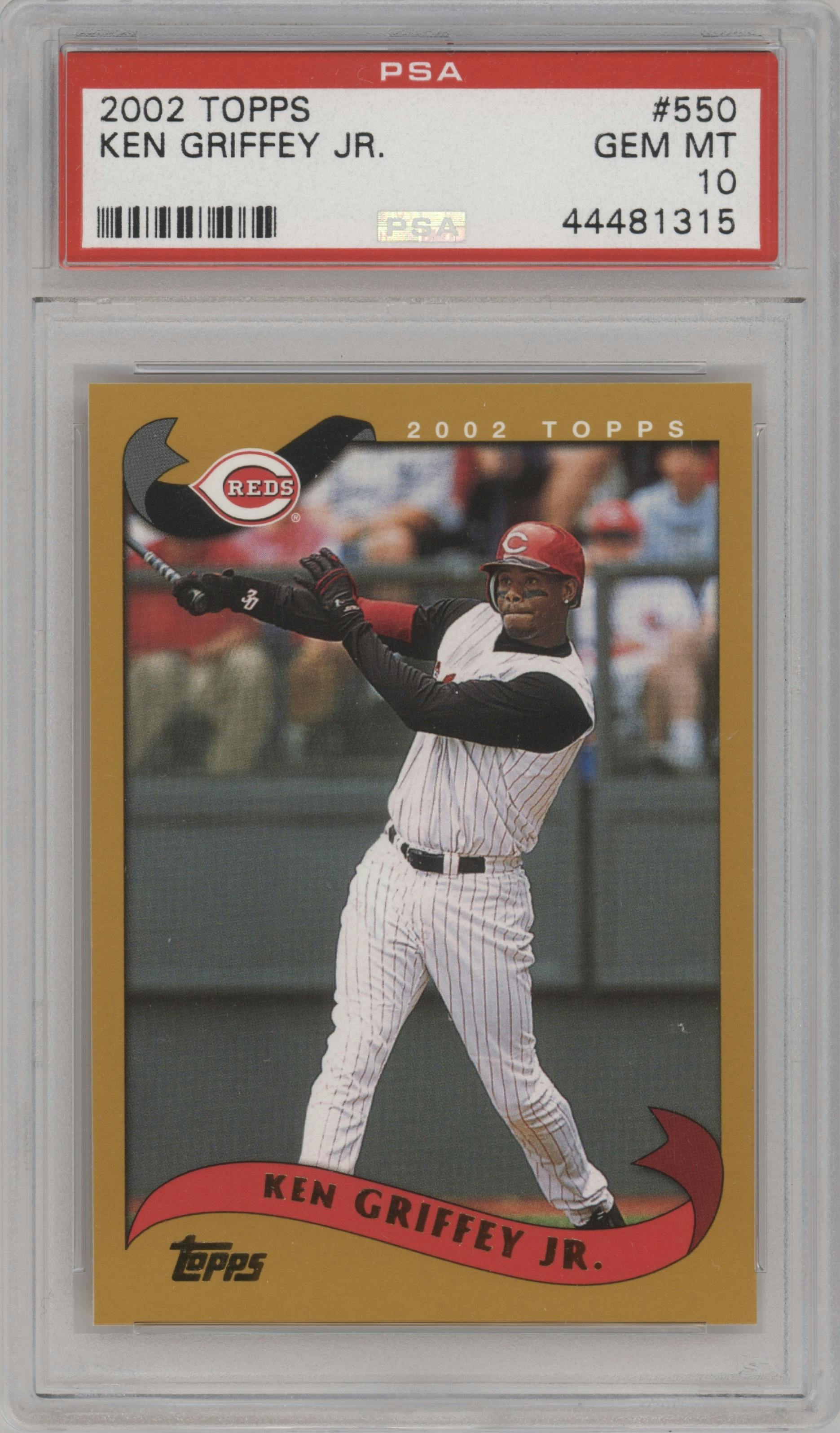 Ken Griffey Jr. from the 2002 Topps set graded by PSA and given an overall grade of 10.