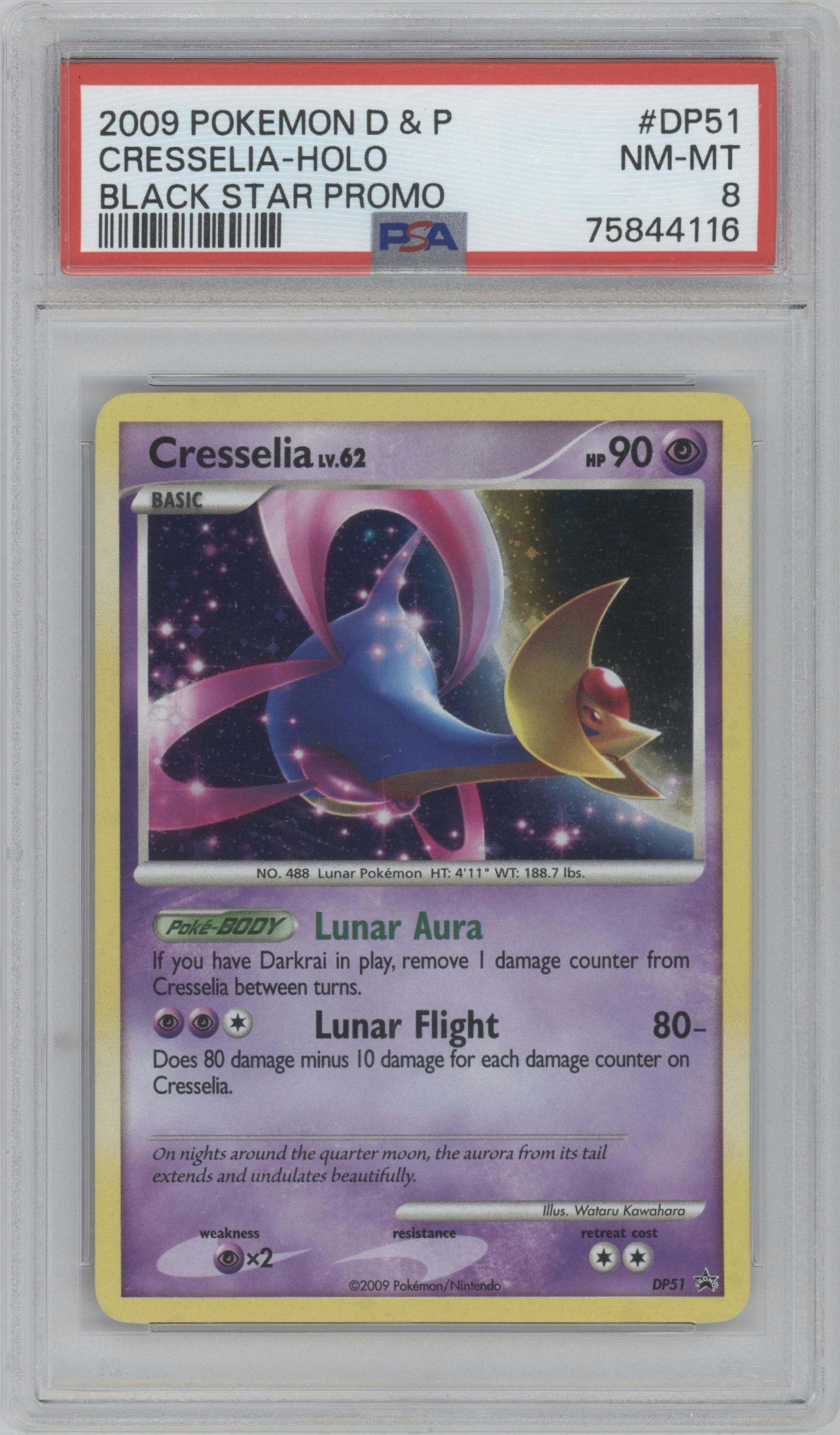 Cresselia from the 2009 Pokemon D&P set graded by PSA and given an overall grade of 8.