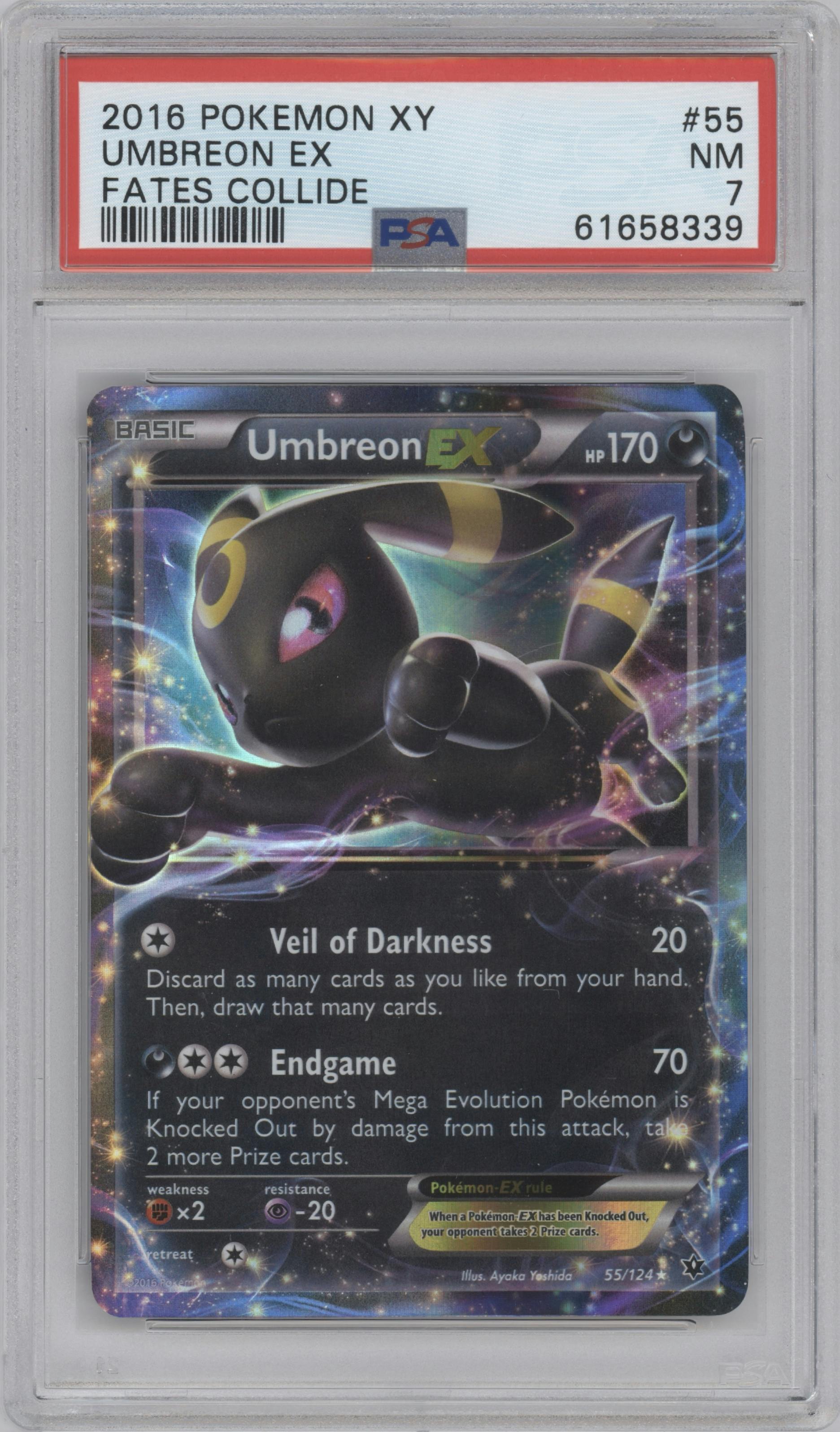 Umbreon EX from the 2016 Pokemon XY set graded by PSA and given an overall grade of 7.