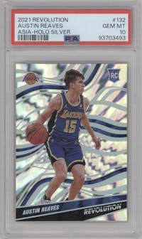 Austin Reaves from the 2021-22 Panini Revolution  set featuring a Asia Holo Silver parallel graded by PSA and given an overall grade of 10.