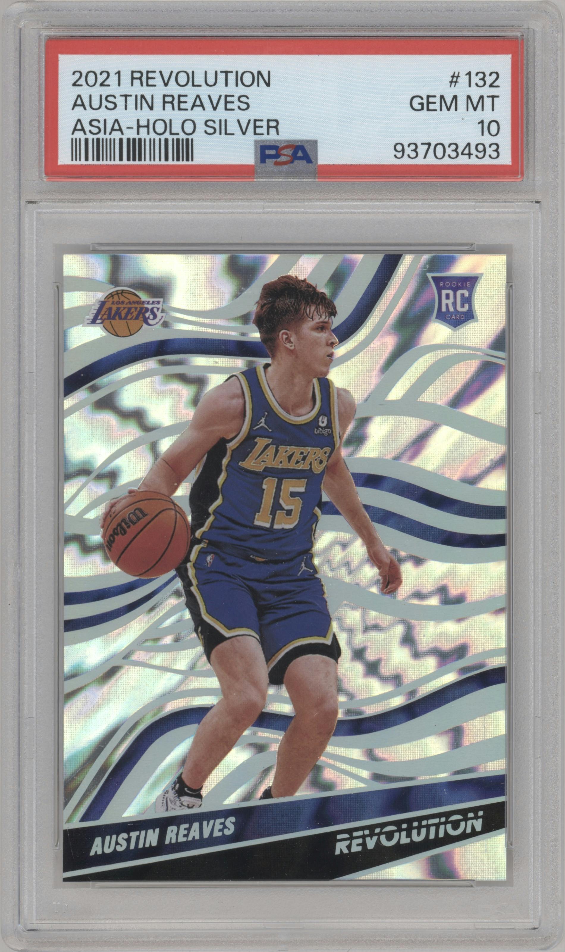Austin Reaves from the 2021-22 Panini Revolution  set featuring a Asia Holo Silver parallel graded by PSA and given an overall grade of 10.