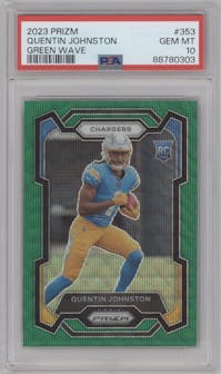 Quentin Johnston from the 2023 Panini Prizm set featuring a Green Wave  parallel graded by PSA and given an overall grade of 10.