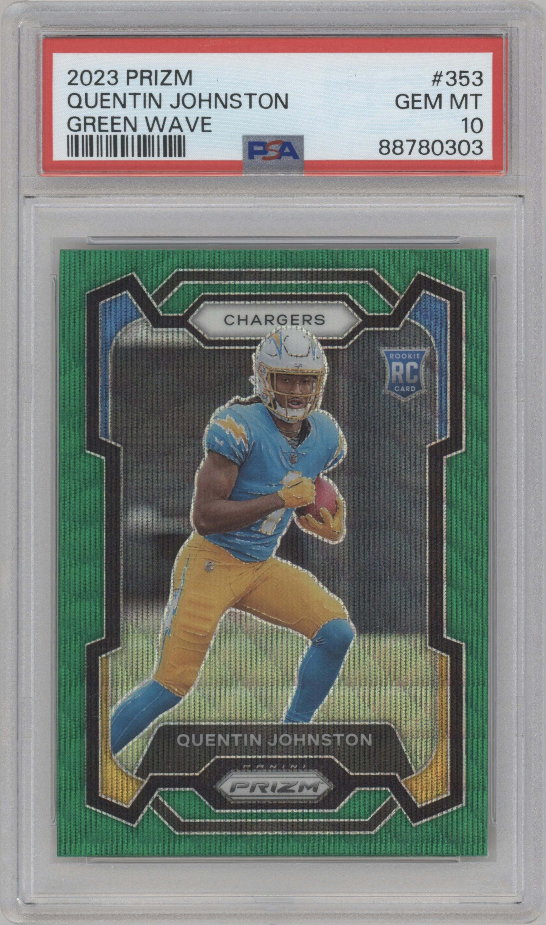 Quentin Johnston from the 2023 Panini Prizm set featuring a Green Wave  parallel graded by PSA and given an overall grade of 10.