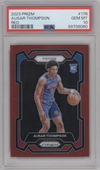 Ausar Thompson from the 2023-24 Panini Prizm set featuring a Red Prizm parallel graded by PSA and given an overall grade of 10.