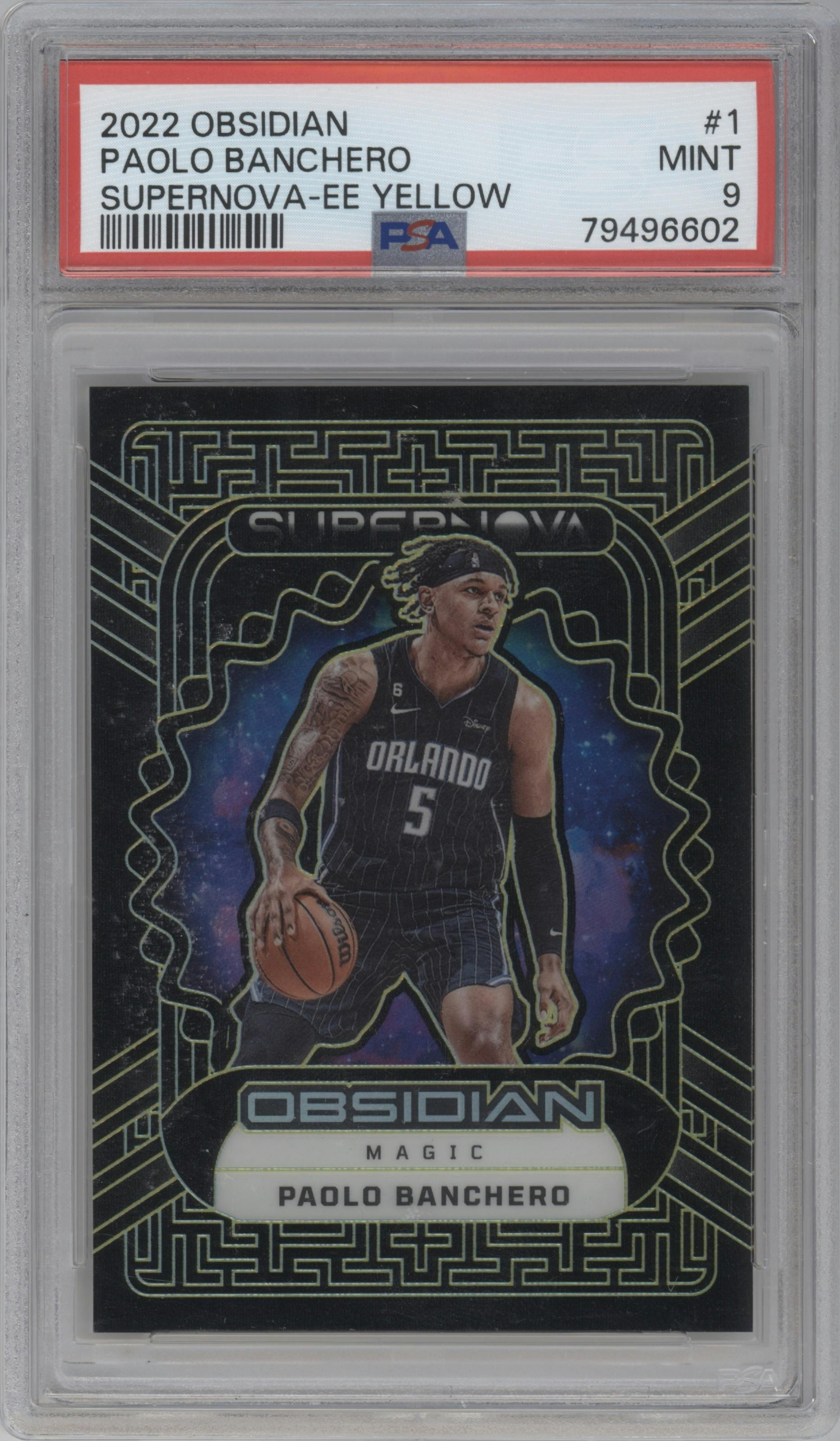 Paolo Banchero from the 2022-23 Panini Obsidian set featuring a Electric Etch Yellow parallel graded by PSA and given an overall grade of 9.
