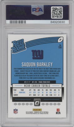 Saquon Barkley from the 2018 Panini Donruss Optic set graded by PSA and given an overall grade of 10.