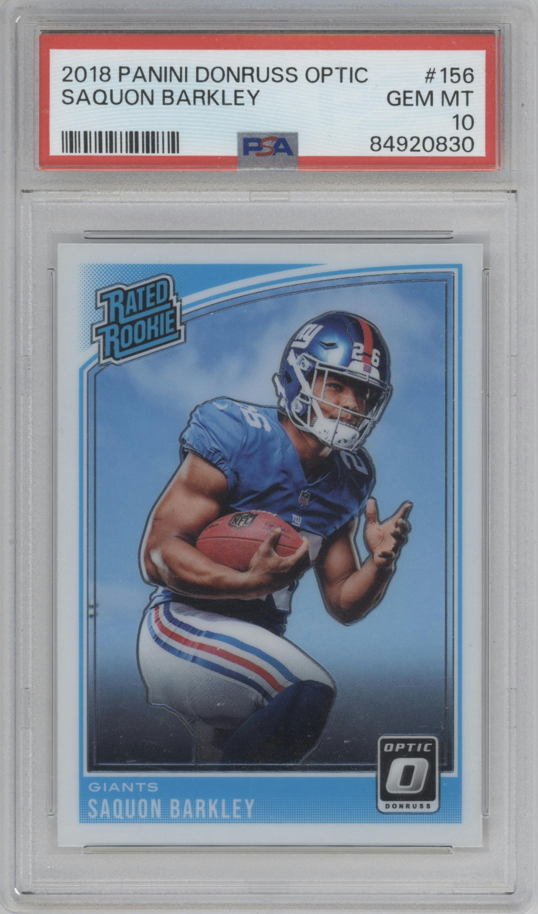 Saquon Barkley from the 2018 Panini Donruss Optic set graded by PSA and given an overall grade of 10.