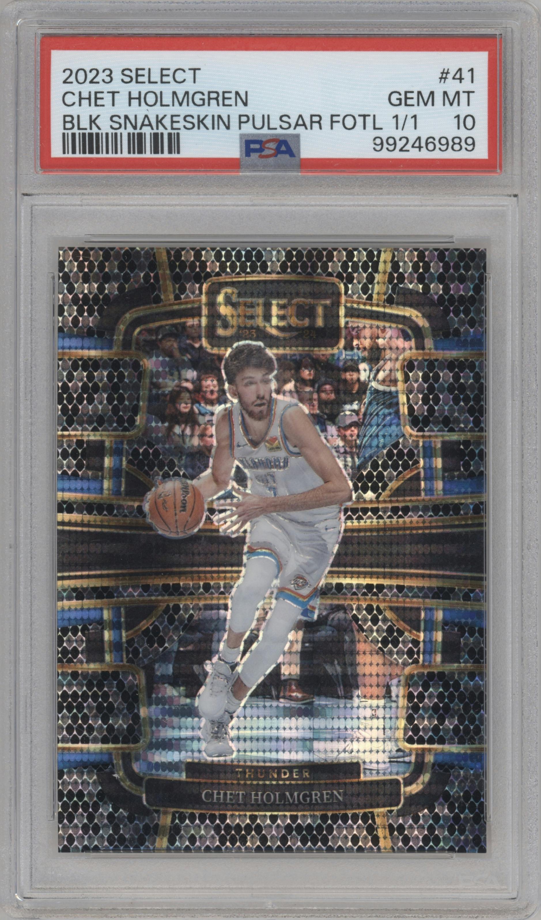 Chet Holmgren from the 2023-24 Panini Select  set featuring a Black Snake Skin Pulsar FOTL parallel graded by PSA and given an overall grade of 10.