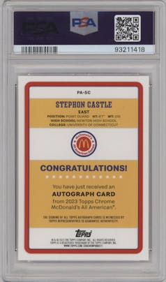 Stephon Castle from the 2023 Topps Chrome McDonald's All American set graded by PSA and given an overall grade of 10.