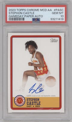 Stephon Castle from the 2023 Topps Chrome McDonald's All American set graded by PSA and given an overall grade of 10.