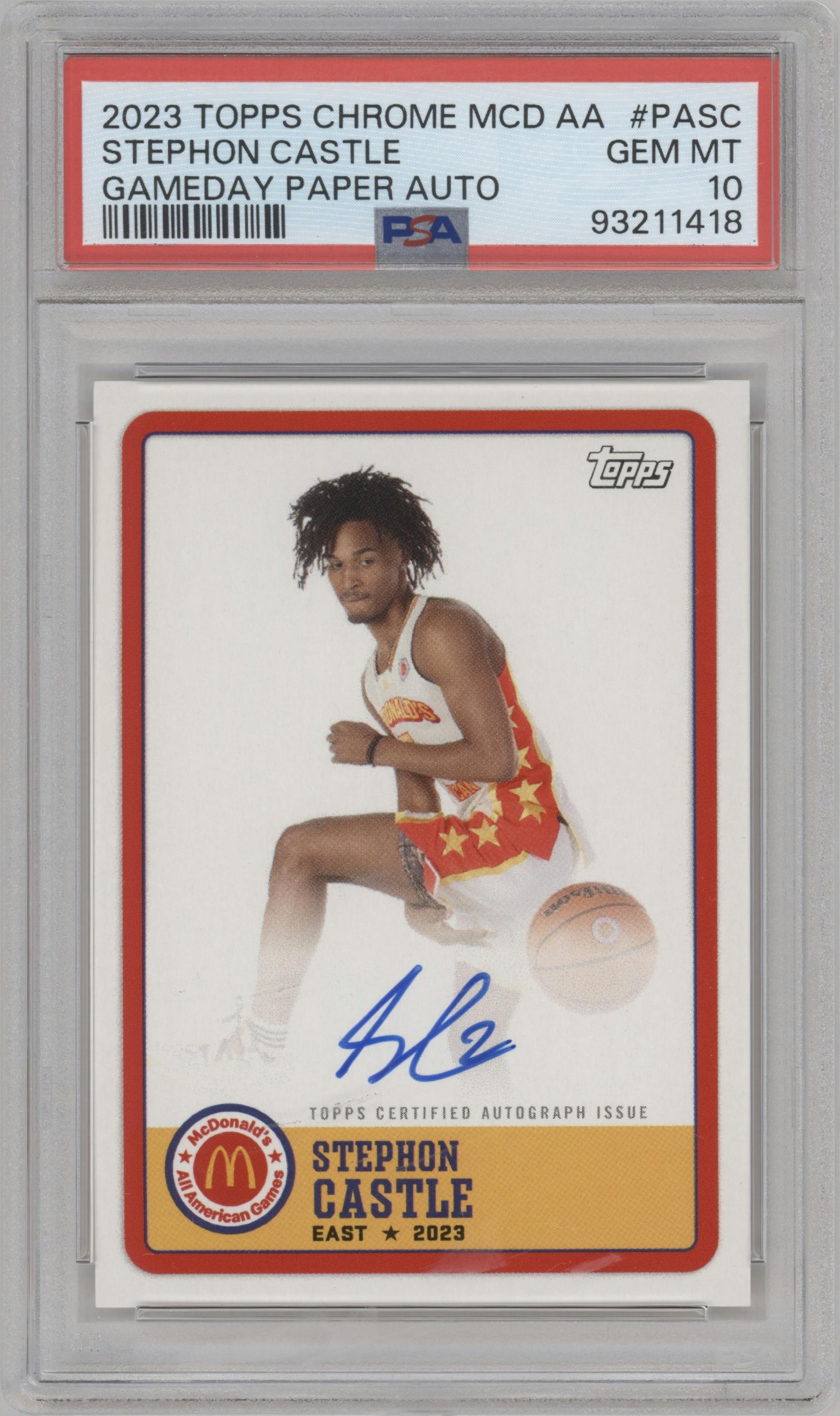 Stephon Castle from the 2023 Topps Chrome McDonald's All American set graded by PSA and given an overall grade of 10.