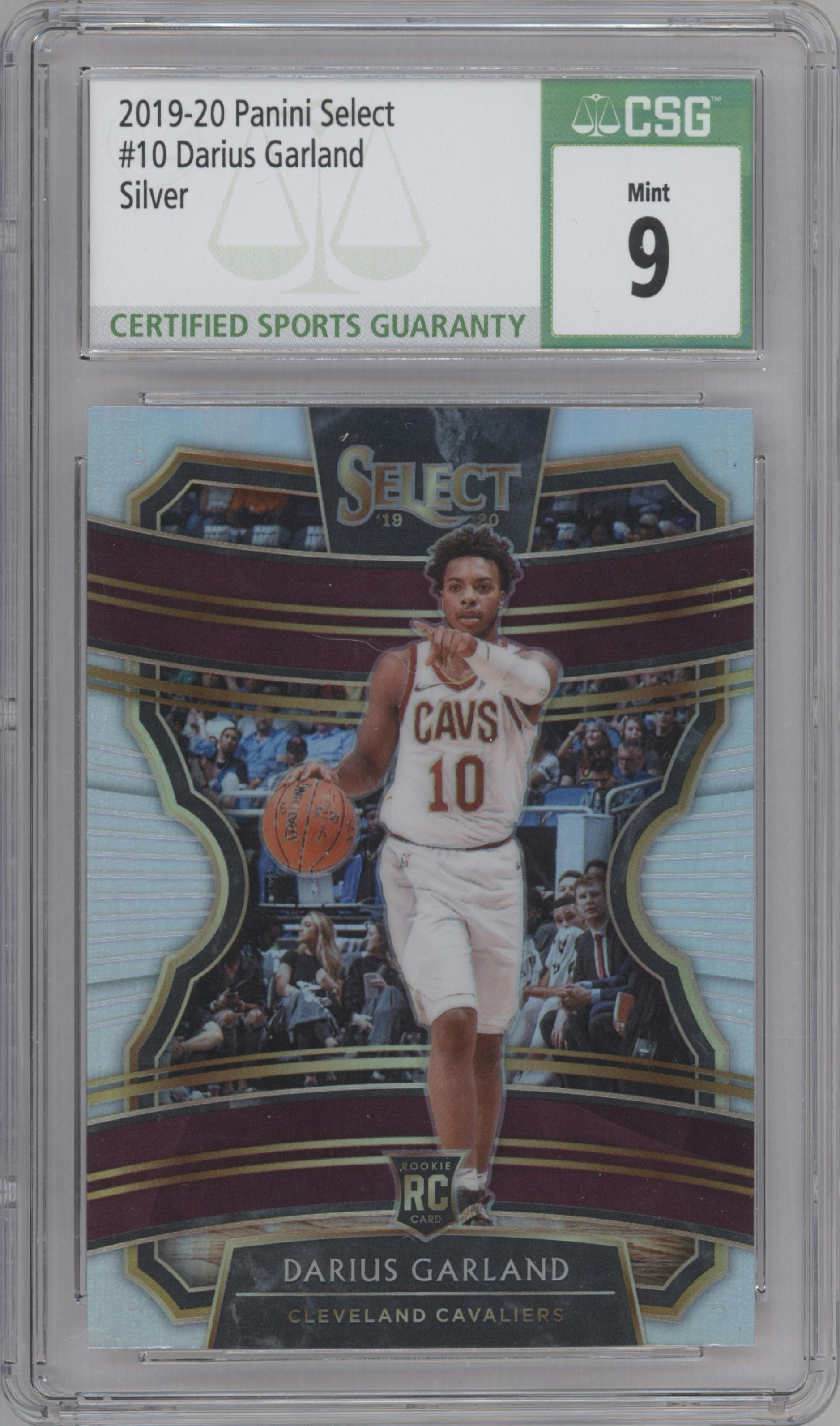 Darius Garland from the 2019-20 Panini Select set featuring a Silver Prizm parallel graded by CSG and given an overall grade of 9.