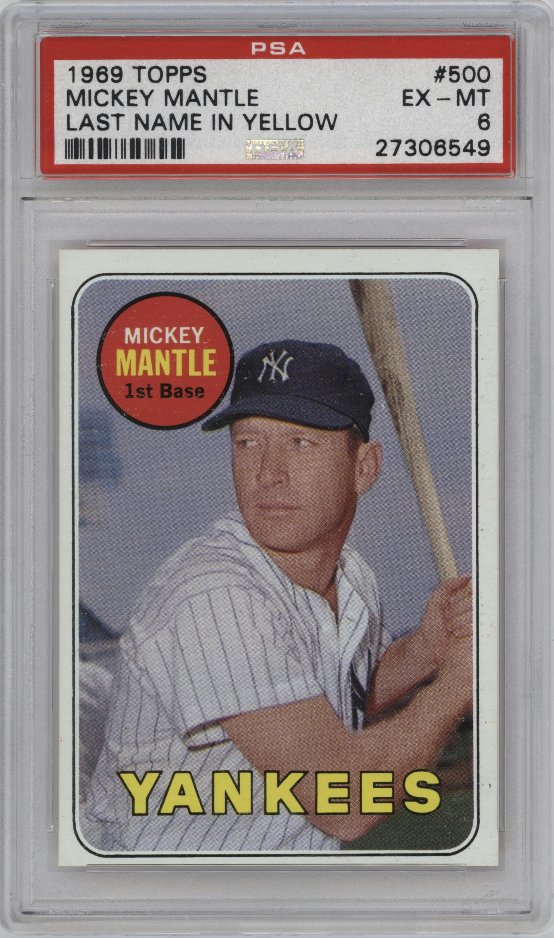 Mickey Mantle from the 1969 Topps set featuring a Last Name in Yellow parallel graded by PSA and given an overall grade of 6.
