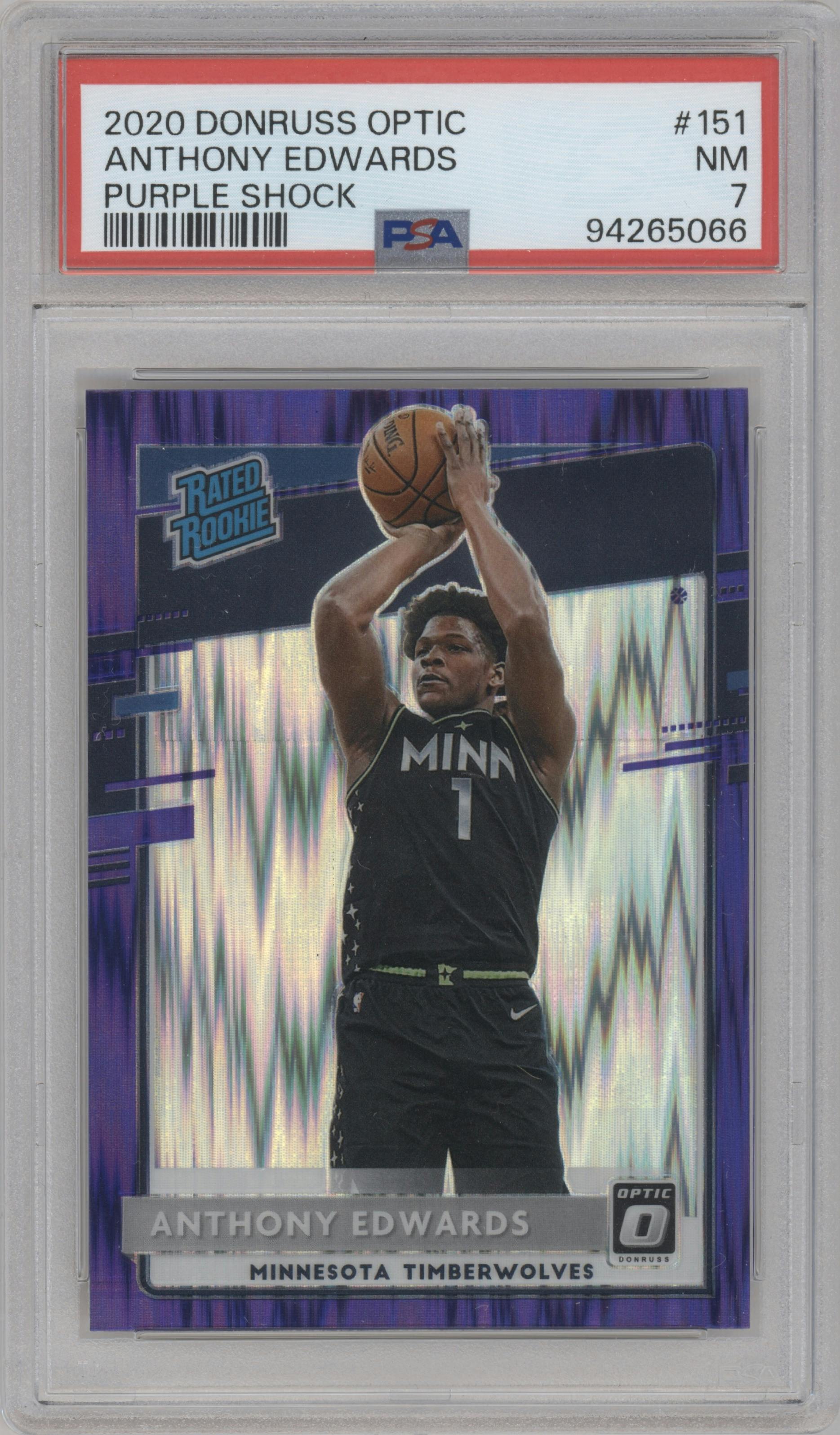 Anthony Edwards from the 2020-21 Panini Donruss Optic set featuring a Purple Shock parallel graded by PSA and given an overall grade of 7.